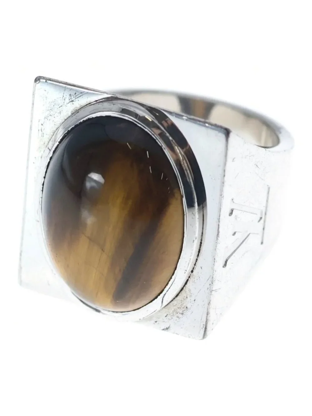Louis Vuitton Tiger Eye Stone Chevalier Signet Ring Silver